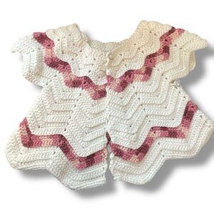 Our Two Acres‎ Sweater Pink White Baby Hand Knit Cardigan Size Large 
12-18 Mos.